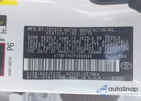 2015 Toyota Camry Le z USA, uszkodzony, nr VIN 4T1BF1FK7FU934546